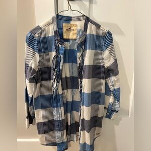 Hollister Blue and White Plaid Button Down No Collar Ruffle down Front